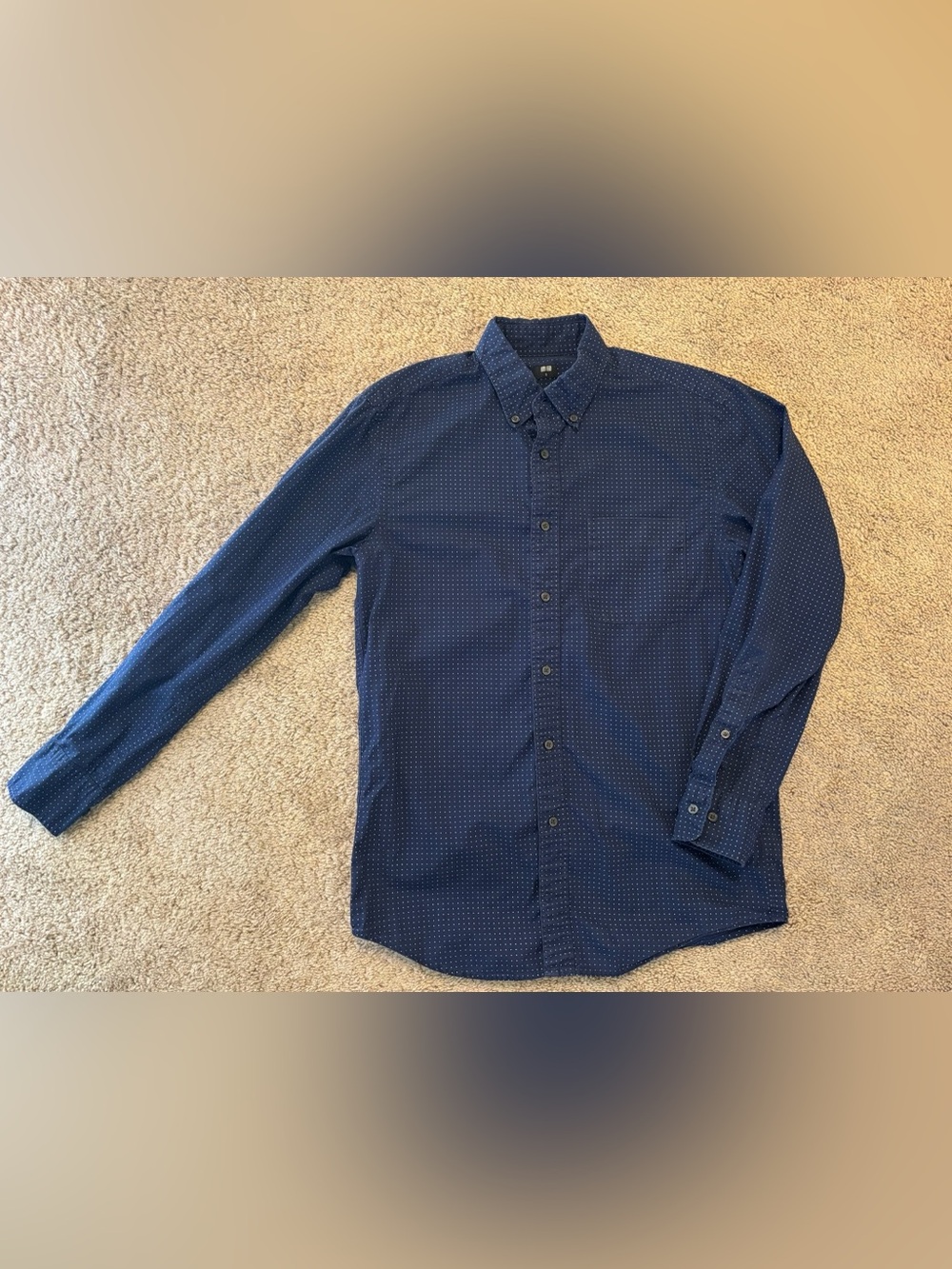 Uniqlo Men’s Navy Button-Down Shirt with Micro Dot Pattern